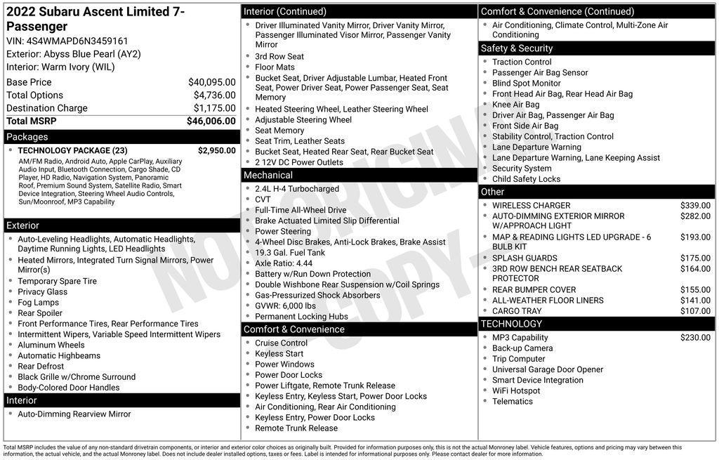 used 2022 Subaru Ascent car, priced at $31,000