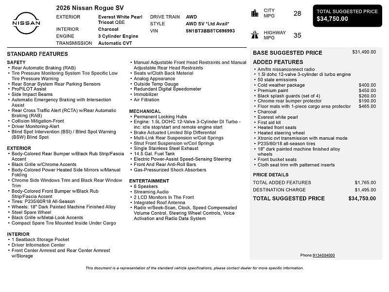 new 2026 Nissan Rogue car, priced at $31,950