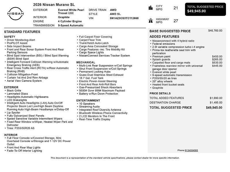 new 2026 Nissan Murano car, priced at $43,942