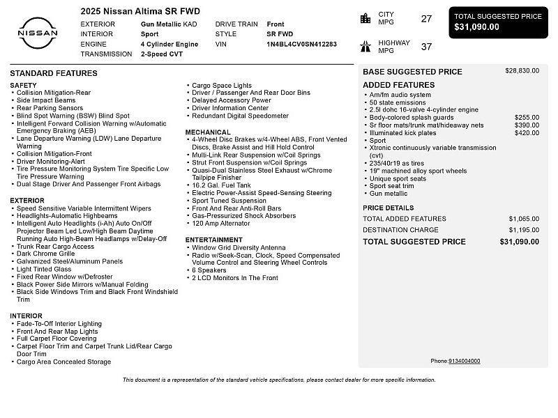 new 2025 Nissan Altima car, priced at $24,628