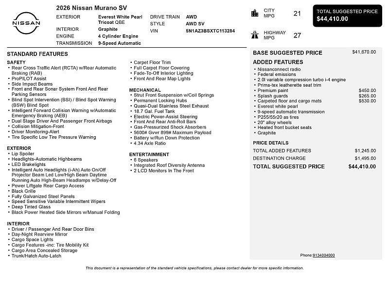 new 2026 Nissan Murano car, priced at $38,660