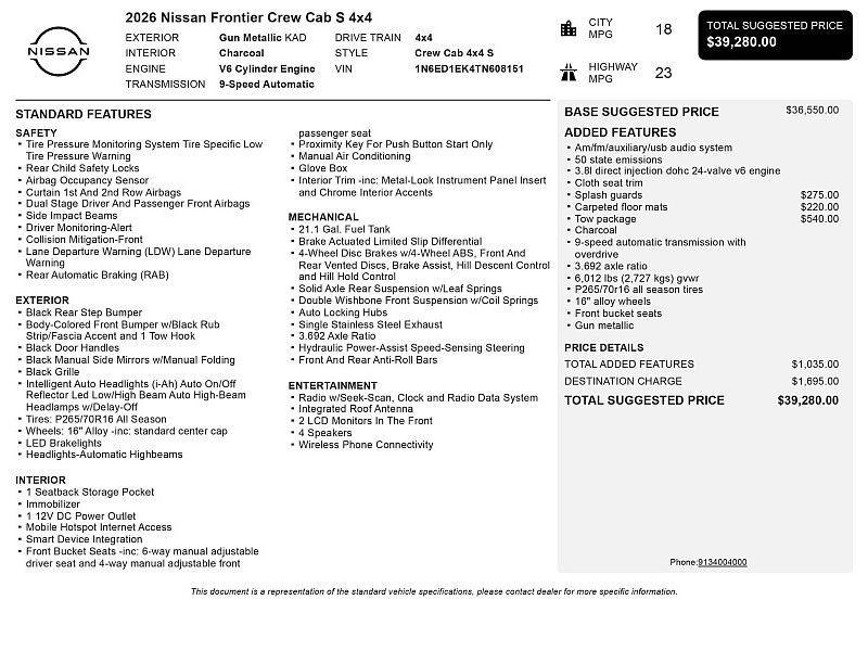 new 2026 Nissan Frontier car, priced at $35,136