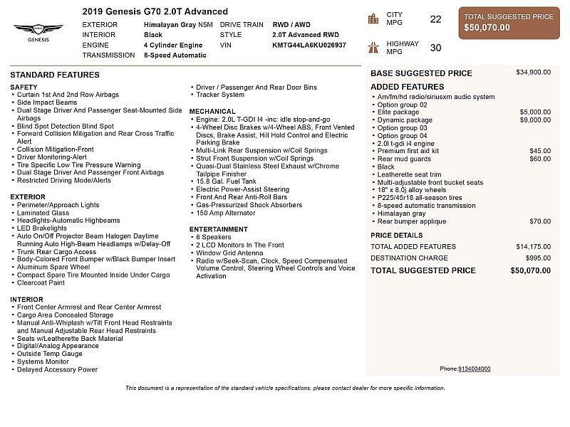 used 2019 Genesis G70 car, priced at $22,250