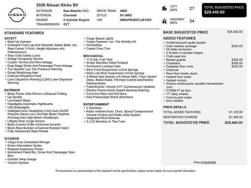 new 2026 Nissan Kicks car, priced at $26,949