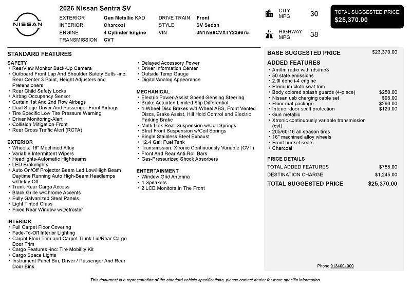 new 2026 Nissan Sentra car, priced at $24,121