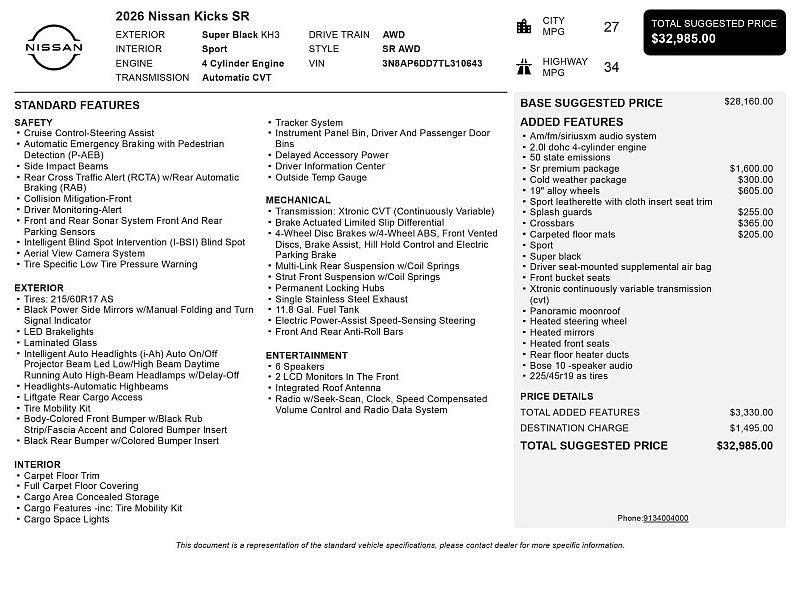 new 2026 Nissan Kicks car, priced at $31,257