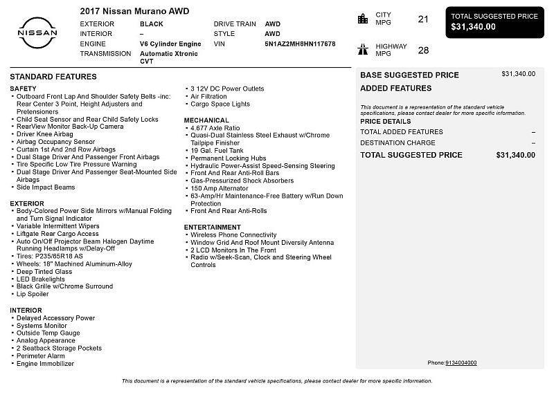 used 2017 Nissan Murano car, priced at $18,995