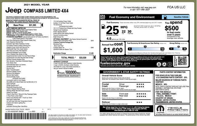 used 2021 Jeep Compass car, priced at $15,000