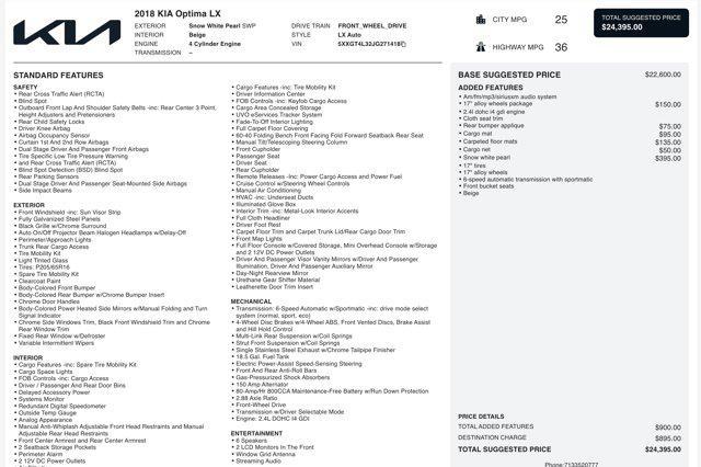 used 2018 Kia Optima car, priced at $7,500