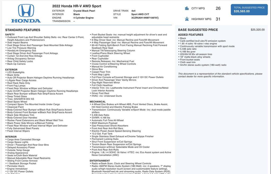 used 2022 Honda HR-V car, priced at $24,443