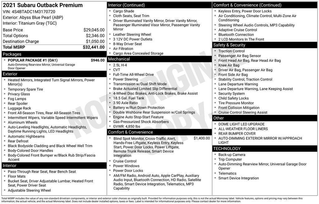 used 2021 Subaru Outback car, priced at $18,000