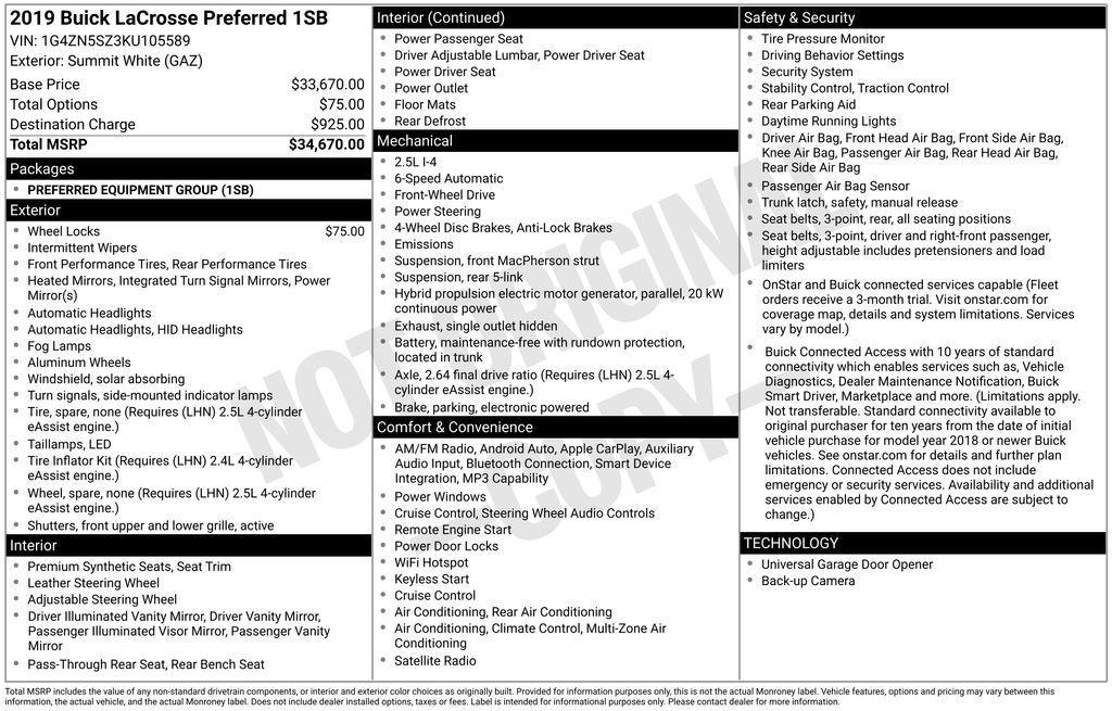 used 2019 Buick LaCrosse car, priced at $11,885