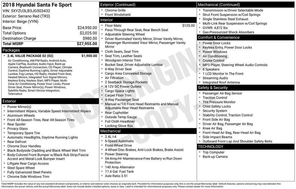 used 2018 Hyundai Santa Fe Sport car, priced at $15,891