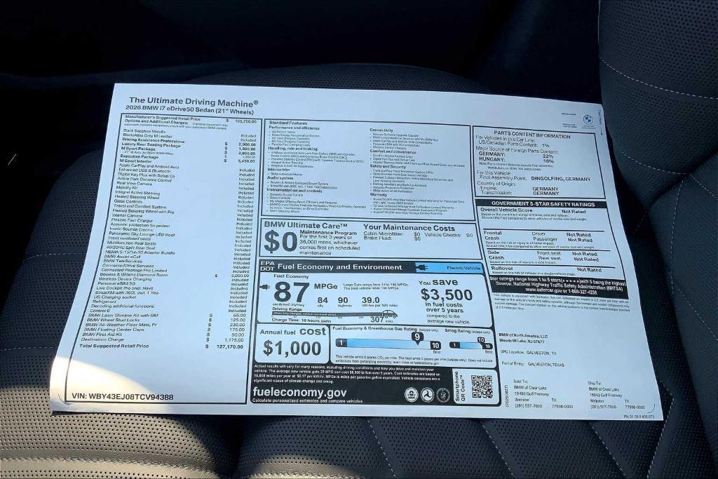 new 2026 BMW i7 car, priced at $114,888