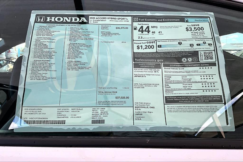new 2025 Honda Accord Hybrid car, priced at $36,575