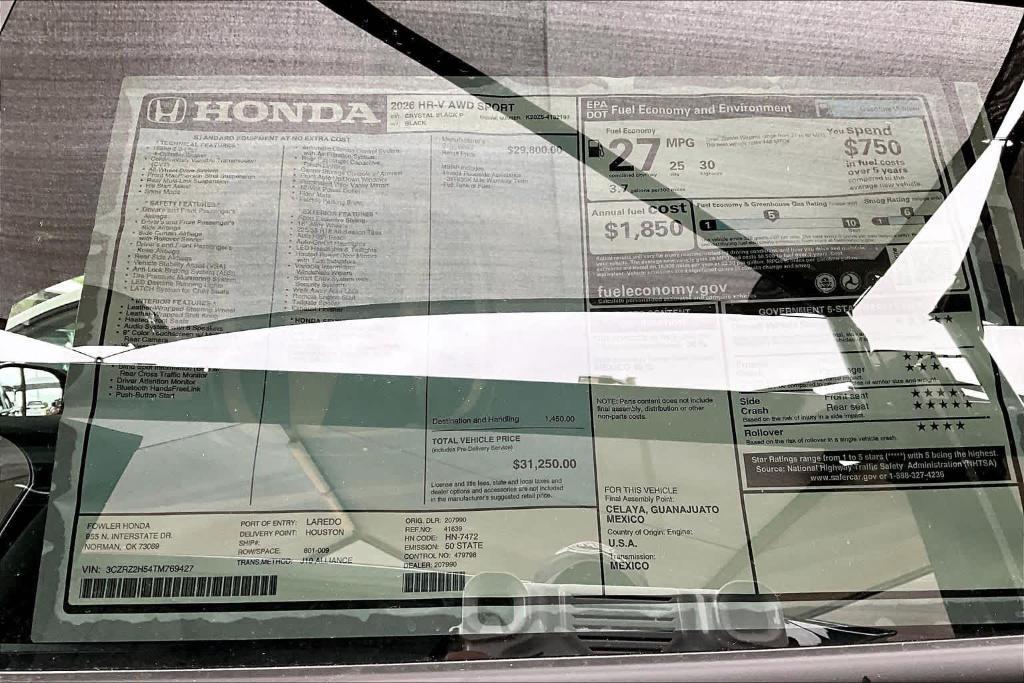 new 2026 Honda HR-V car, priced at $31,724