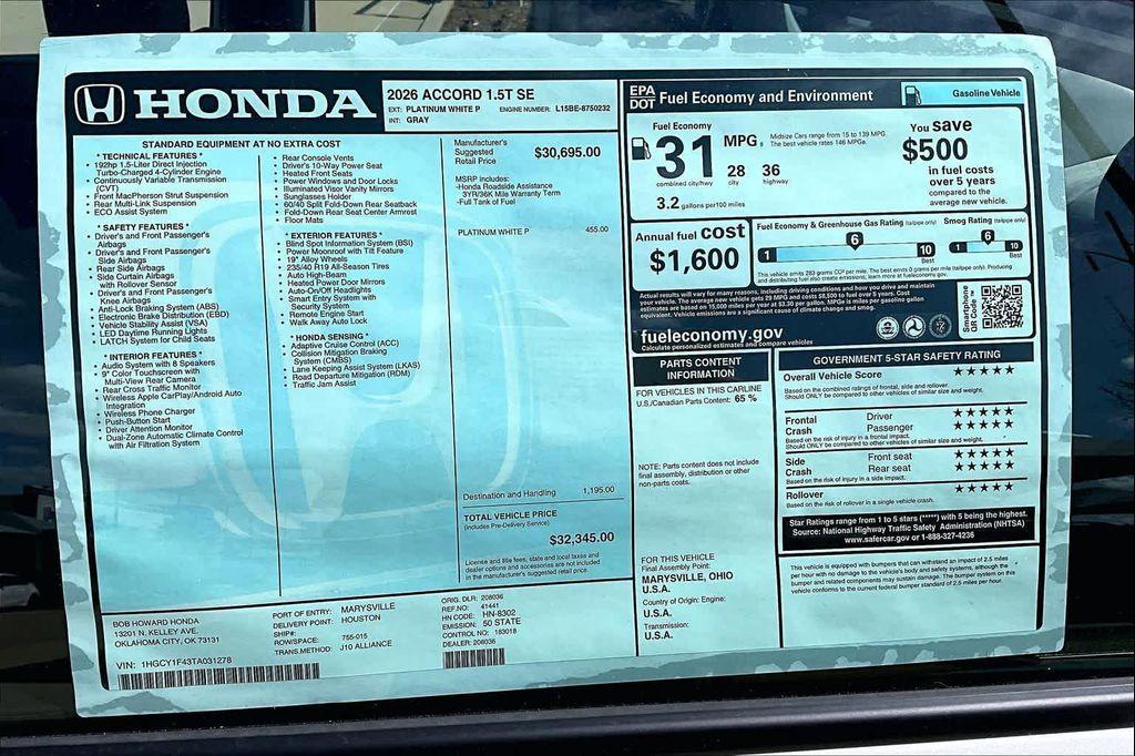 new 2026 Honda Accord car, priced at $32,345