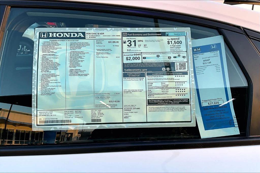 new 2026 Honda Civic Si car, priced at $34,020