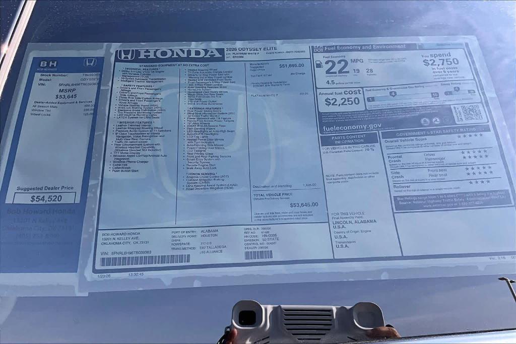 new 2026 Honda Odyssey car, priced at $51,520