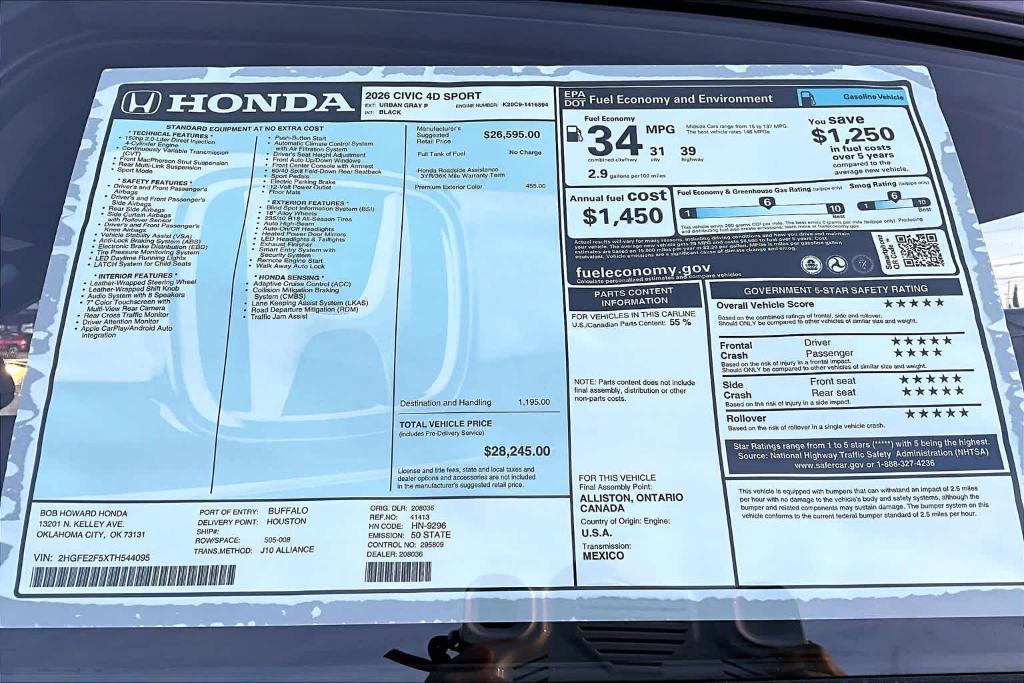 new 2026 Honda Civic car, priced at $27,870