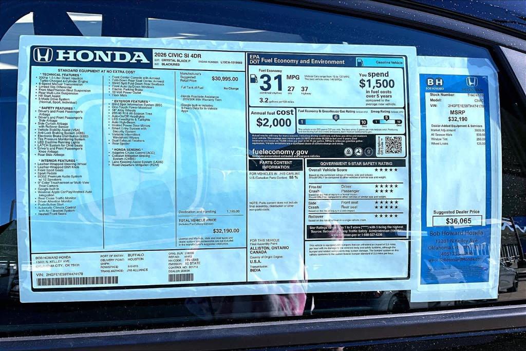 new 2026 Honda Civic Si car, priced at $33,065