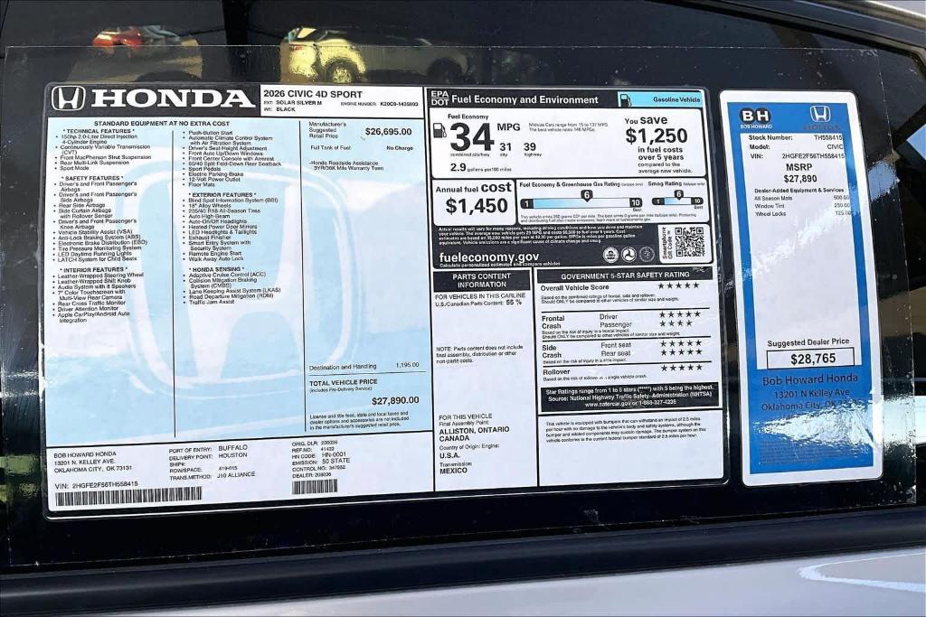 new 2026 Honda Civic car, priced at $27,665
