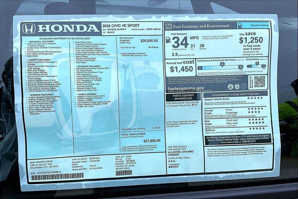 new 2026 Honda Civic car, priced at $27,339