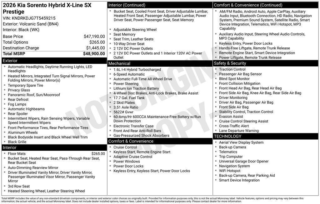 new 2026 Kia Sorento Hybrid car, priced at $45,400