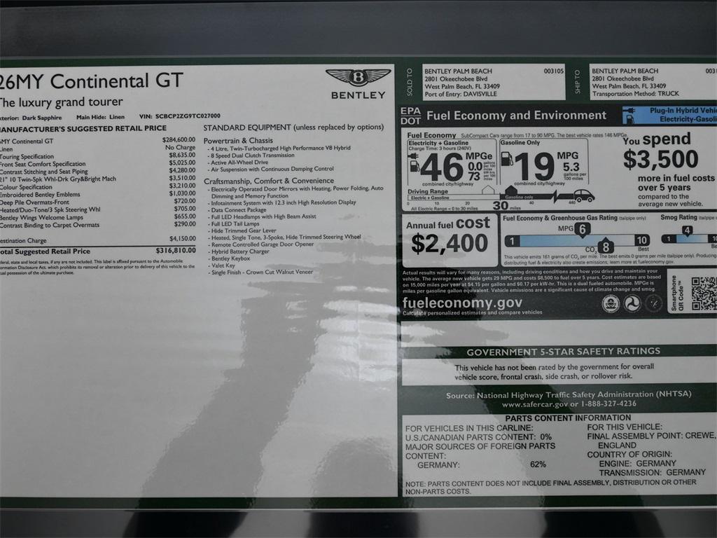 new 2026 Bentley Continental GT car, priced at $316,810
