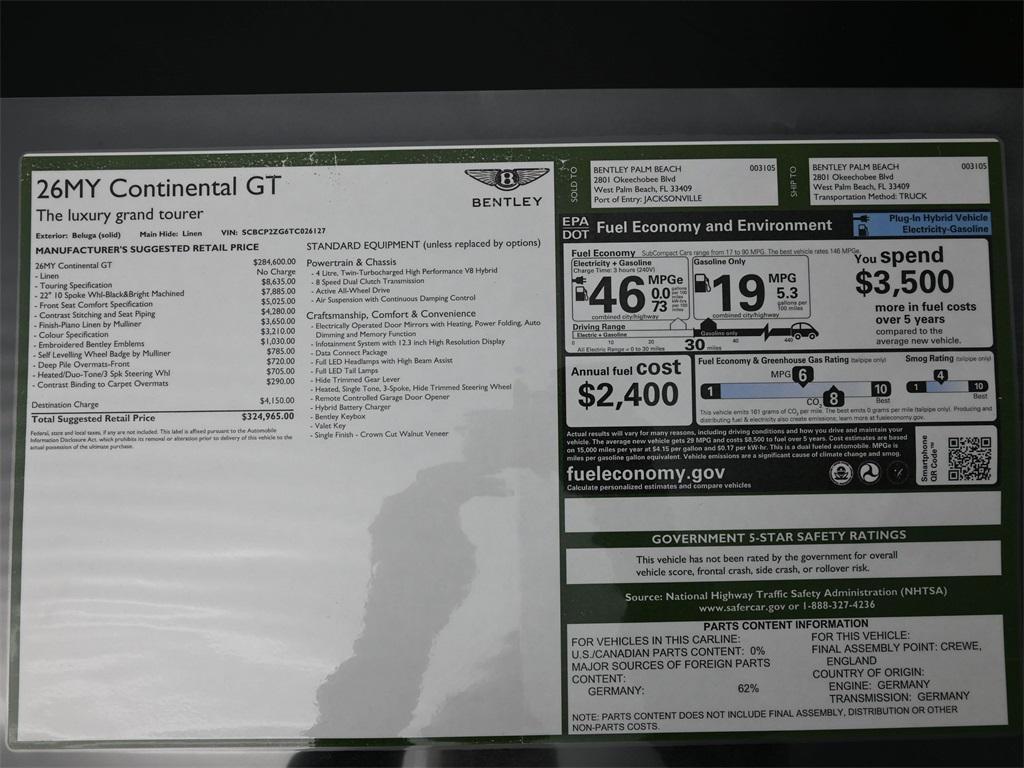 new 2026 Bentley Continental GT car, priced at $324,965