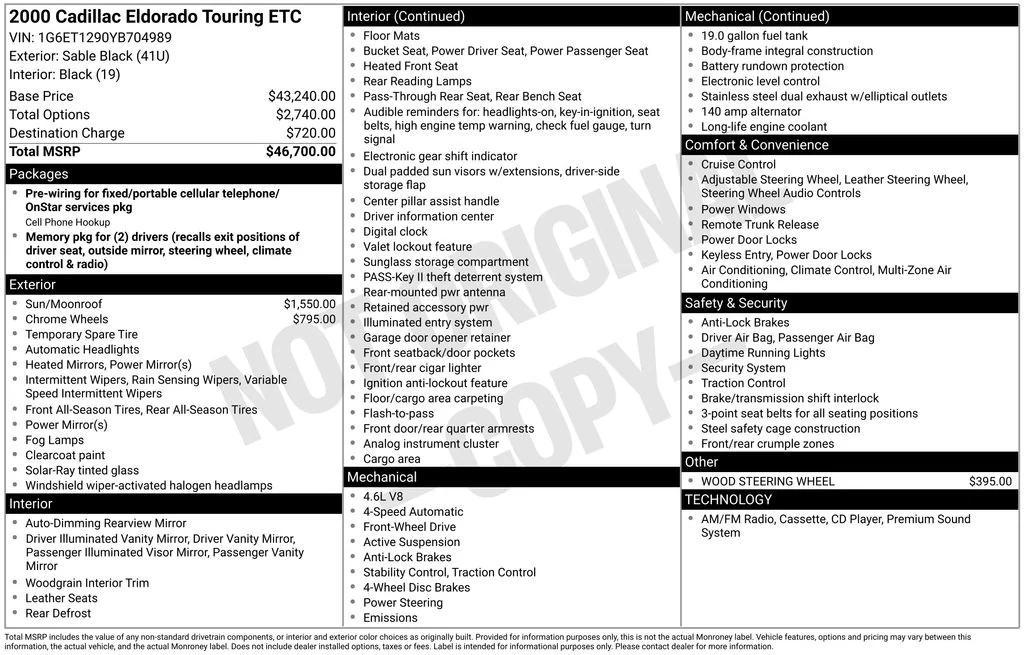 used 2000 Cadillac Eldorado car, priced at $4,995