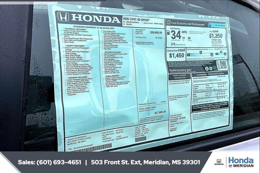 new 2026 Honda Civic car, priced at $27,890