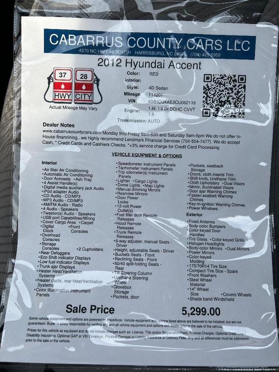 used 2012 Hyundai Accent car, priced at $5,299
