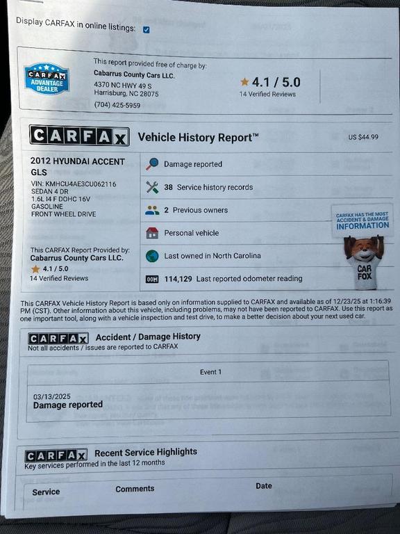 used 2012 Hyundai Accent car, priced at $5,299