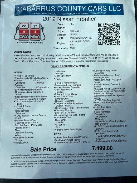 used 2012 Nissan Frontier car, priced at $7,499