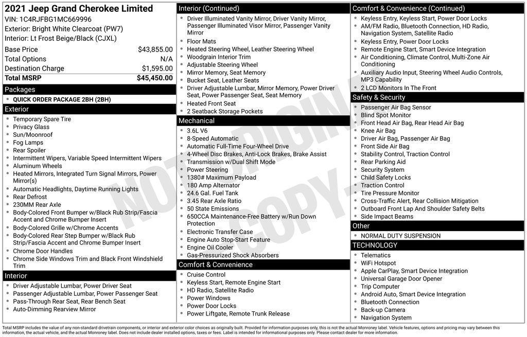 used 2021 Jeep Grand Cherokee car, priced at $21,866