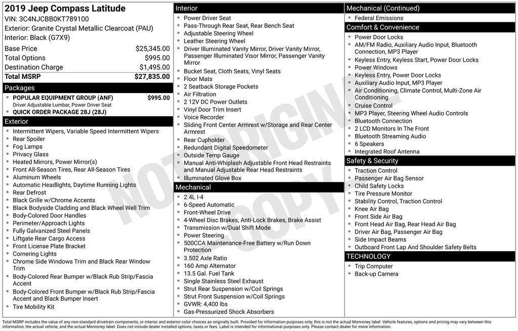 used 2019 Jeep Compass car, priced at $17,000