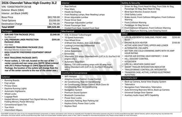 new 2026 Chevrolet Tahoe car, priced at $87,425