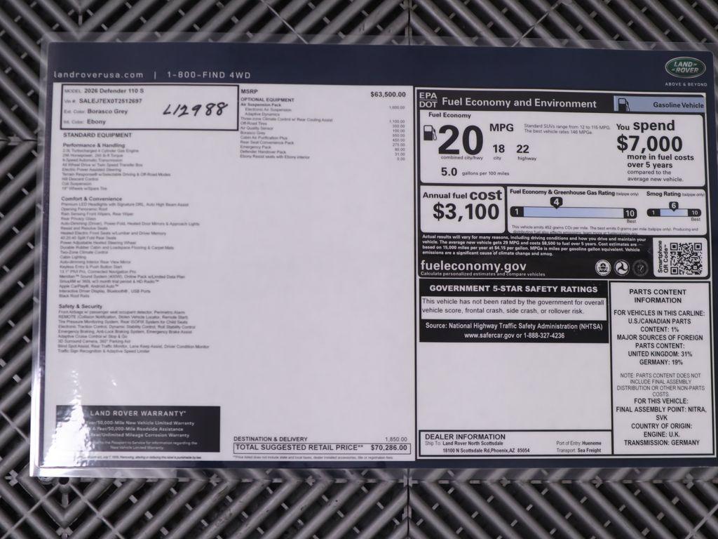 new 2026 Land Rover Defender car, priced at $70,286