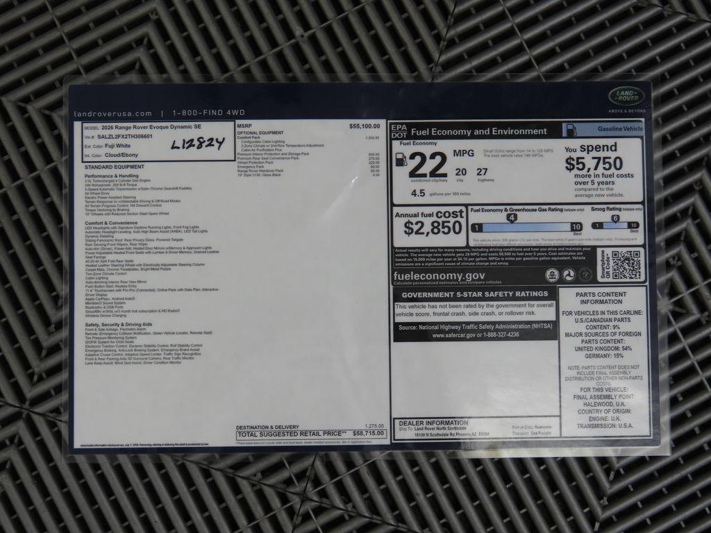 new 2026 Land Rover Range Rover Evoque car, priced at $58,715