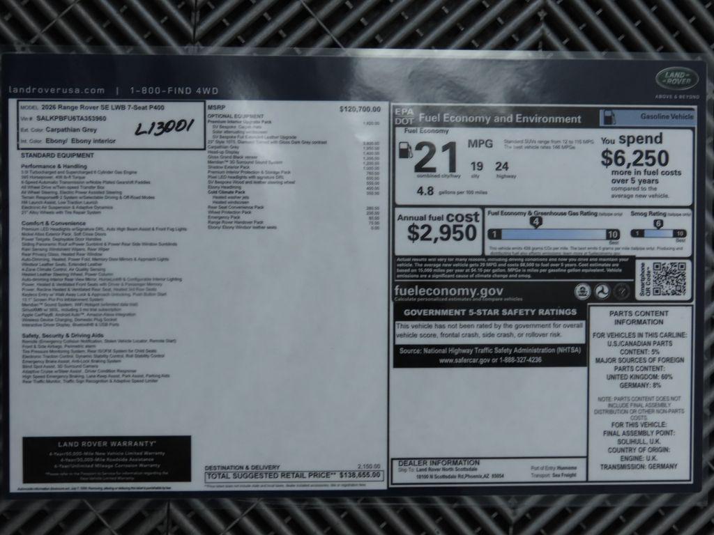 new 2026 Land Rover Range Rover car, priced at $138,655