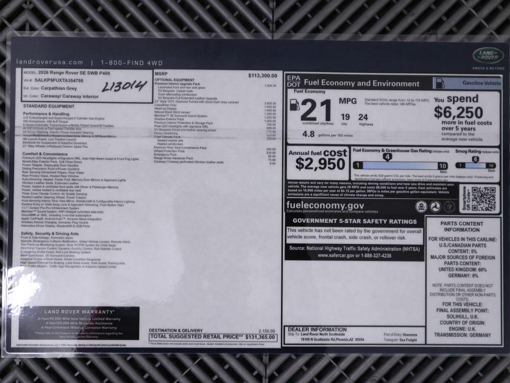 new 2026 Land Rover Range Rover car, priced at $131,365