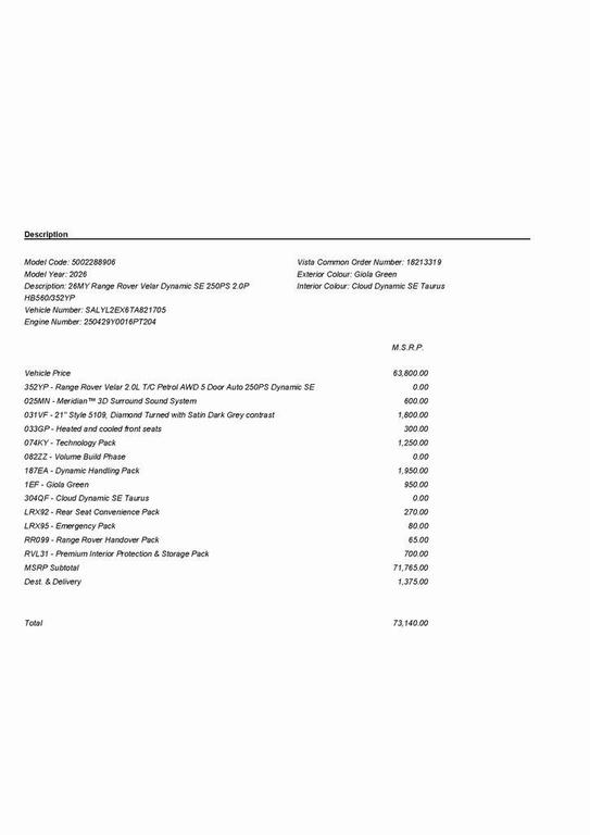 used 2026 Land Rover Range Rover Velar car, priced at $68,000