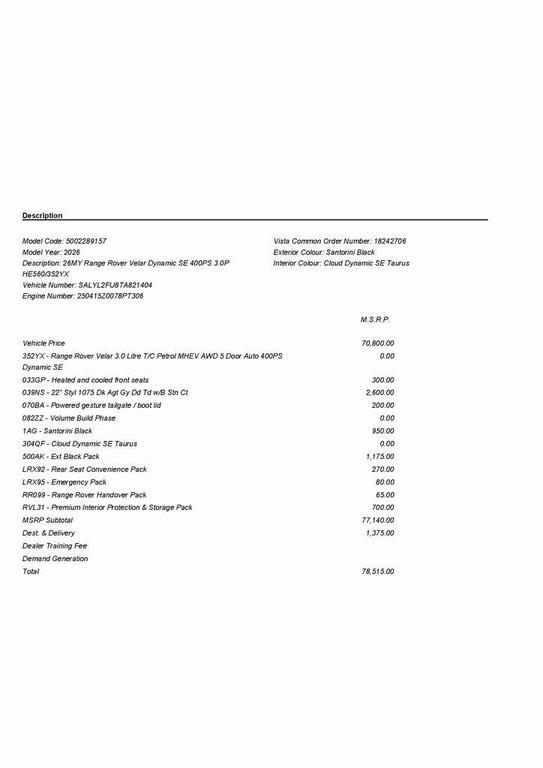 new 2026 Land Rover Range Rover Velar car, priced at $78,515