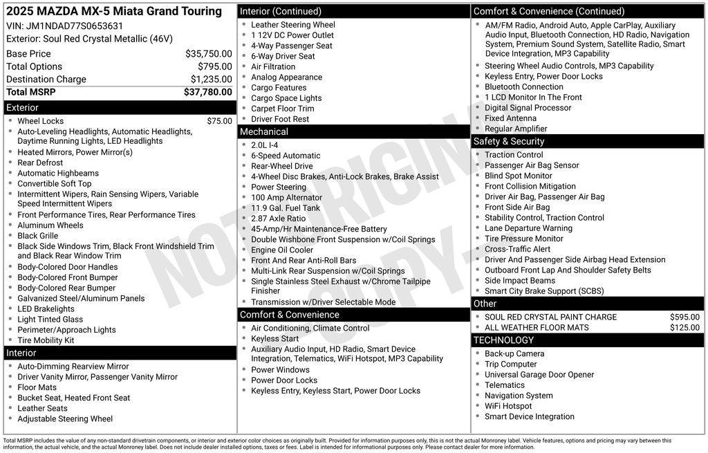 new 2025 Mazda MX-5 Miata car, priced at $36,712