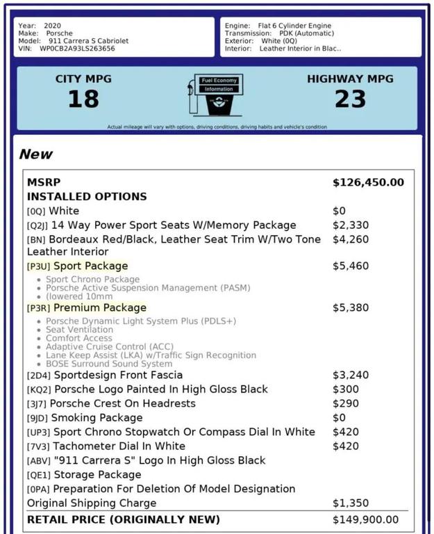 WHITE 2020 Porsche 911 911 Carrera S