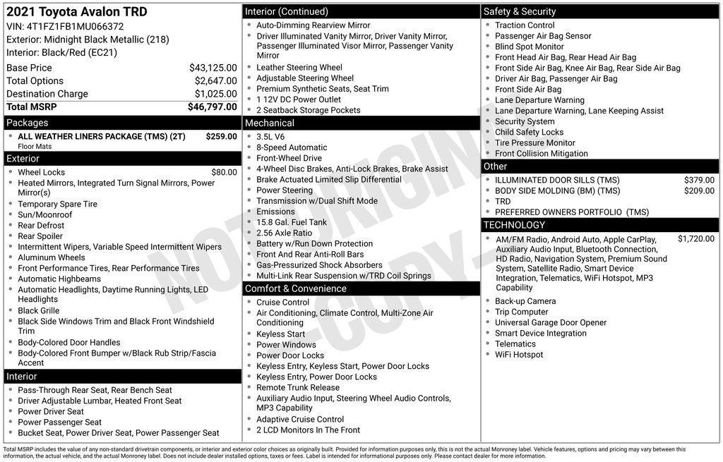 used 2021 Toyota Avalon car, priced at $31,650