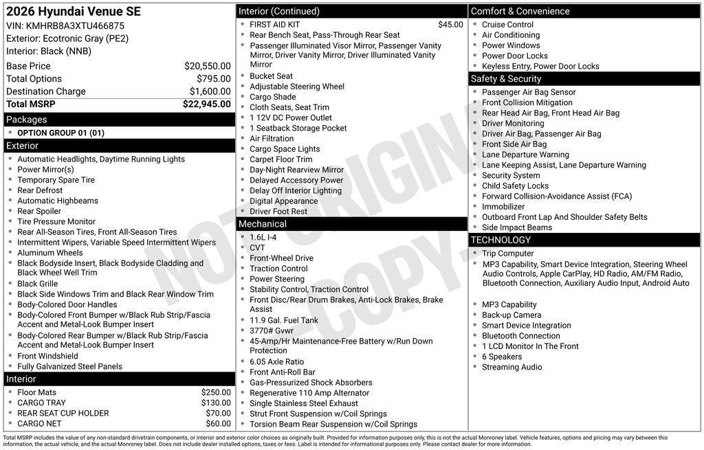 new 2026 Hyundai Venue car, priced at $22,945