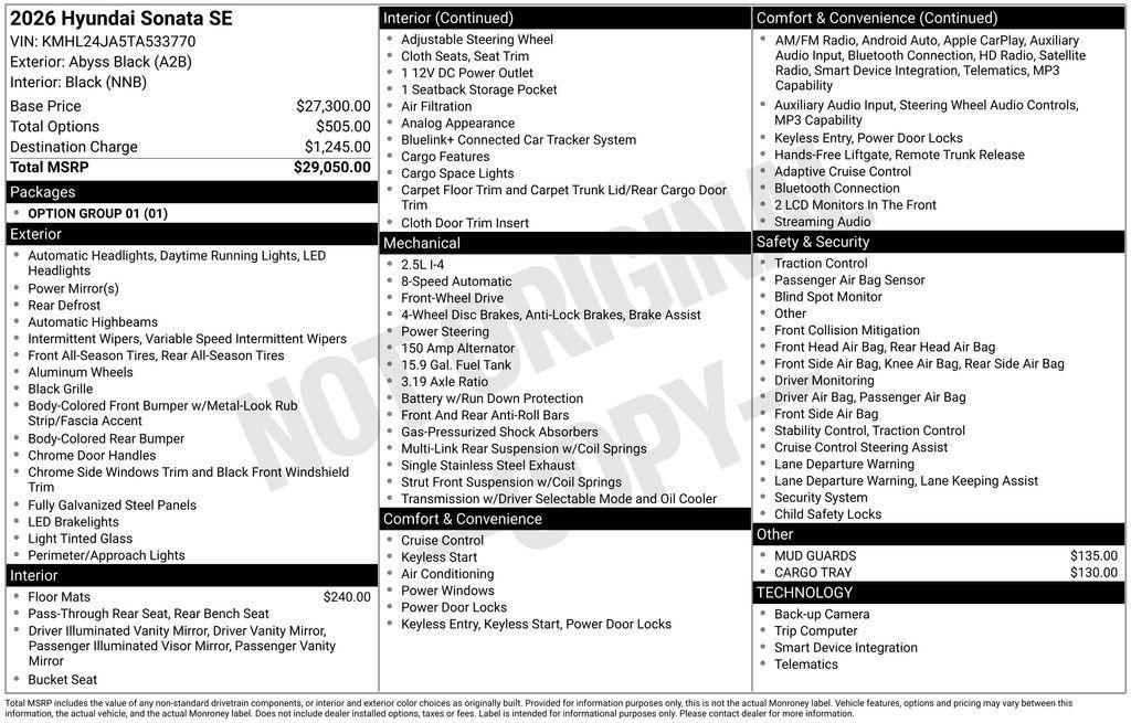 new 2026 Hyundai Sonata car, priced at $27,329