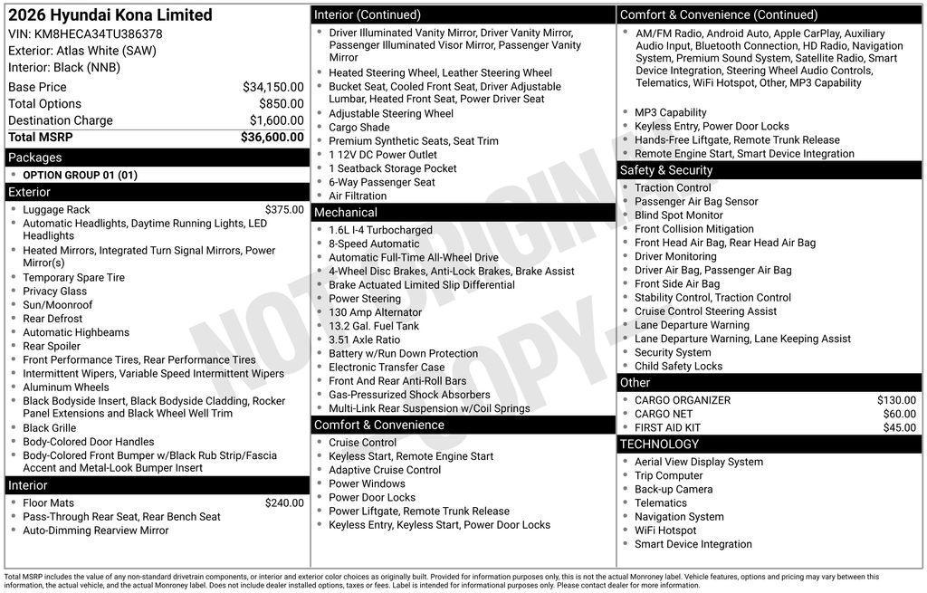 new 2026 Hyundai Kona car, priced at $34,387